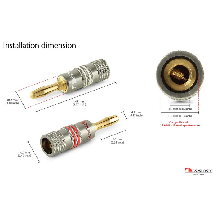 Штекери-банани Nakamichi Ultimate 24K з позолоченим покриттям з берилієвої міді для акустичних кабелів, 4 шт. и