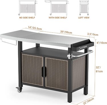 Onlyfire Grilltisch: Робочий стіл для гриля з великою поверхнею, візок для сервірування з колесами, гриль-стіл з відкидними боковими полицями, стільниця з нержавіючої сталі, візок для барбекю, 143.5 × 56 × 91 см, двостулковий