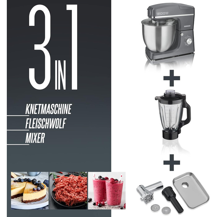 Кухонний комбайн HEINRICHS 3-в-1: міксер, кухонний прилад, м'ясорубка, 1500W, 6 швидкостей, 1.5л, 10л чаша, сірий