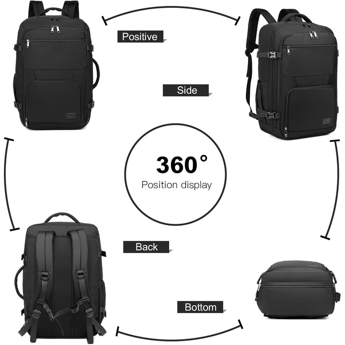 Рюкзак KONO для ручної поклажі літака, великий, водонепроникний, 55 x 35 x 20 см, 38L (Чорний)