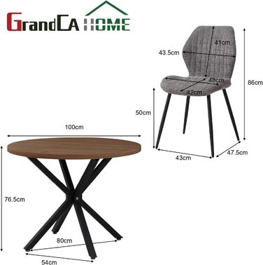 Набір обіднього столу та стільців GrandCA HOME: круглий стіл 100 см та 4 сучасні стільці з льону, для вітальні, кухні, їдальні, темно-сірий
