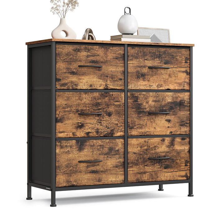 SONGMICS Комод з 8 висувними ящиками, шафа для зберігання, сталь, MDF, флізелін, для спальні, прихожої, вітальні, вінтажний коричневий + чорний, LGS124BH04