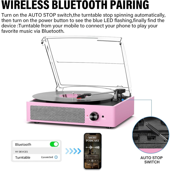 Вініловий програвач ретро, Bluetooth, переносний, 3 швидкості 33/45/78 об/хв, з вбудованими стерео динаміками, RCA, AUX, світлий рожевий