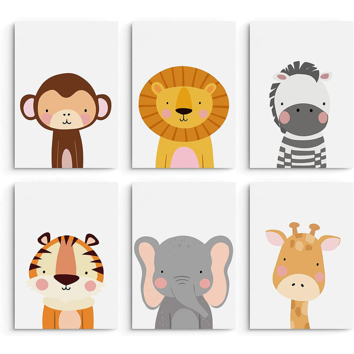Набір з 6 дитячих постерів Hambient для кімнати дитини: Сафарі Африки (30x40 см, без рамки)
