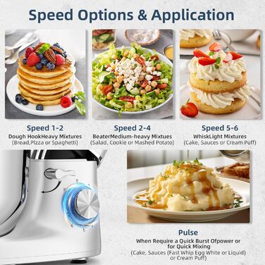 Кухонна машина Cheflee 2000W з місткою чашею 6.2L з нержавіючої сталі, 6 швидкостей, низький шум, набір насадок (міксер, гак для тіста), захист від бризок