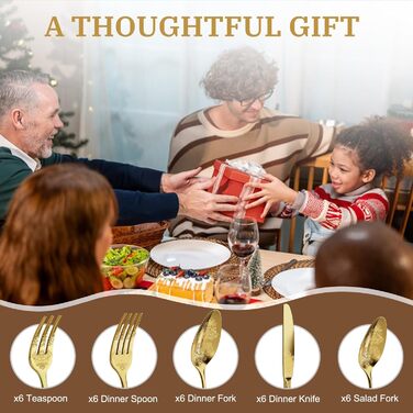 Набір столових приборів DRAGON RIOT Gold 30 предметів, нержавіюча сталь, для 6 осіб, з ножем, виделкою, ложкою. Підходить для дому, ресторану, вечірки.