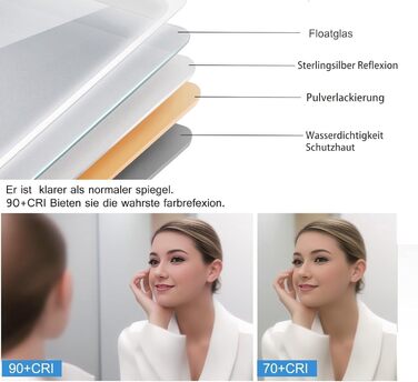 LED дзеркало для ванної кімнати з підсвічуванням 100x60 см, сенсорне регулювання, антизапар, 3 кольори світла, для ванної, туалету, коридору