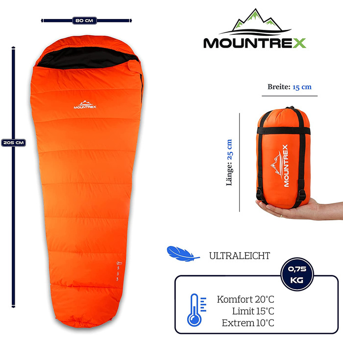 Спальний мішок MOUNTREX - компактний і надлегкий (730 г/1500 г) - літній спальний мішок на відкритому повітрі (100 г) / 3-4 сезони (300 г) спальний мішок з мумією кемпінг, подорожі, фестиваль - теплий і складаний (Помаранчевий - (літо))