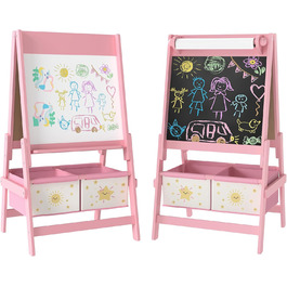 Дитяча мольберт AIYAPLAY 3 в 1, рожевий: двосторонній, з рулоном паперу та 2 кошиками для зберігання, для дітей 3-8 років