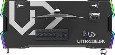 Ігровий стіл ULTRADESK Force , регульований по висоті, подушка XXL, 2 кабельні розетки, поличка для подовжувачів, світлодіодне RGB-підсвічування, сталева рама, сірий, 166x70 см