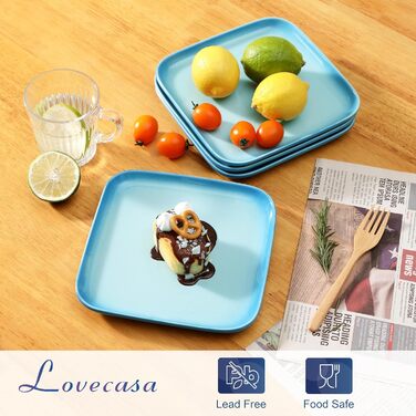 Обідній сервіз LOVECASA, набір з 4 квадратних керамічних обідніх тарілок, плоскі тарілки, набір тарілок для сніданку на 4 особи, 25,5 x 25,5 x H2,5 см, (небесно-блакитний, тарілки для торта з 4 предметів)