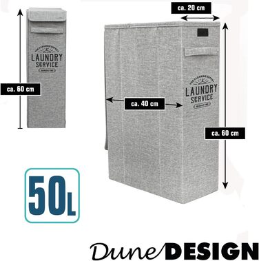 Вузький кошик для білизни DuneDesign 20 см з колесами - 50 л Дерев'яна рама - Сірий - Ніша Кошик 'Пральня'