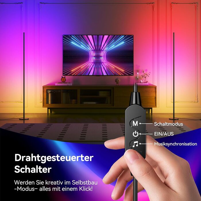 LED торшер для вітальні 160 см RGB кутовий, димується, з пультом та додатком, музичні режими, DIY, таймер - для спальні, геймінгу