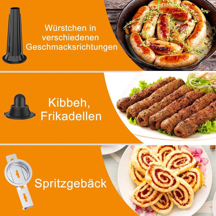 Електрична м'ясоподрібнювач Fleischwolf, мультифункціональна модель з трьома насадками для нарізки, з насадкою для ковбас та для випікання, 3 сталеві диски, чорний