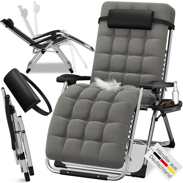 Лежак для відпочинку ELONEO: розкладний, з преміум-подушкою, стійкий до погодних умов, широка спинка, регульована, з подушкою для шиї та тримачем для напоїв (сірий)