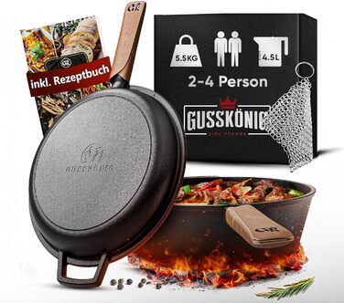 Нідерландський горщик 2в1 з чавуну 4.8л & сковорода з чавуну 1.8л - Набір нідерландського горщика з подвійною функцією - з кулінарною книгою та аксесуарами для барбекю, кемпінгу та кухні - 30 років гарантії (2в1 сковорода)