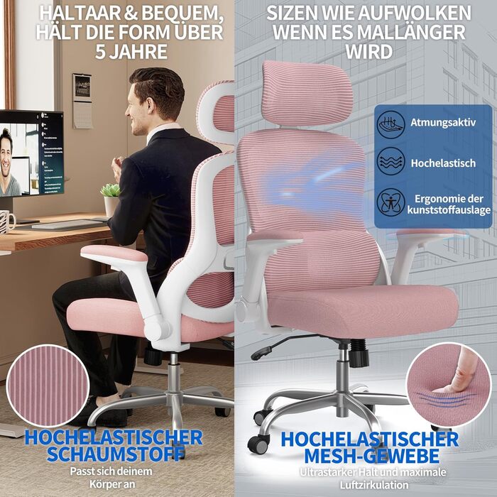 Ергономічне крісло TRALT для офісу та дому: ігрове крісло з регульованою підголівником та поперековою підтримкою, mesh-крісло, 150 кг, рожеве