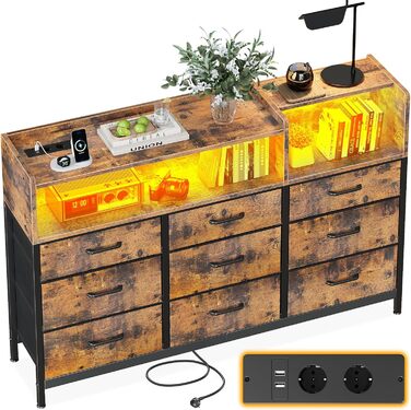 Комод ODK з шухлядами, 2 розетки, 2 USB, 10 LED-смужок, полиця-стільниця, 9 тканинних шухляд, чорний (ретро стиль), 130x30x97 см