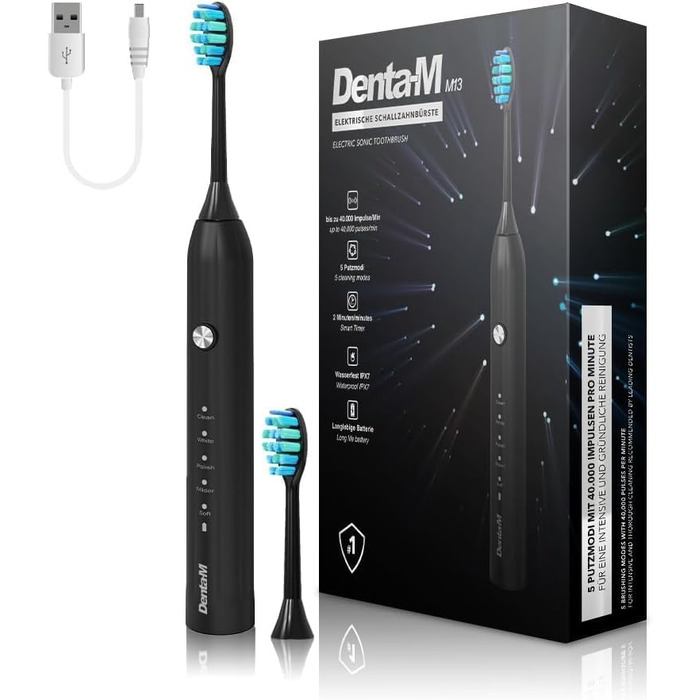 Електрична звукова зубна щітка з 5 режимами та акумулятором на 120 днів – ультразвукова щітка зі Smart-насадкою, чорний колір