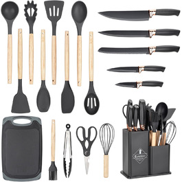 Набір кухонних ножів EliteHoff 19 предметів: 5 ножів, 12 аксесуарів, дошка та підставка. Силіконові кухонні аксесуари з дерев'яними ручками, безпечні для харчових продуктів, придатні для миття в посудомийній машині, чорного кольору (E-6069)