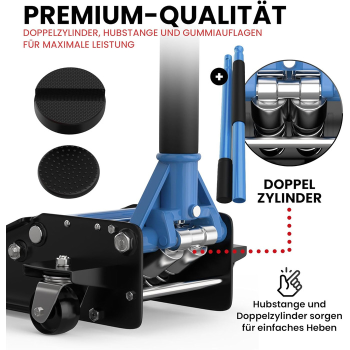 Гідравлічний домкрат 3T низькопрофільний 75-505мм з гумовими накладками для легкових авто та SUV – професійний, на колесах 360° (блакитний)