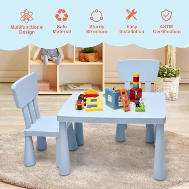 Дитячий стіл LIFEZEAL з 2 стільцями: яскрава пластикова меблева група для дітей з підлокотниками та округлими краями (Блакитний)