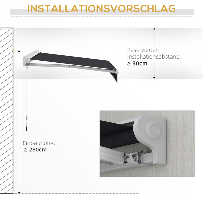 Електричний тент Outsunny Folding Arm 2,5x2 м з ручною рукояткою та дистанційним керуванням Настінний алюмінієвий навіс від сонця в сірому кольорі