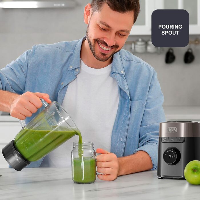 Блендер Black+Decker BXJB1201E 2200W з 2.2L скляним глечиком, 8 швидкостей, 6 лез з нержавіючої сталі, функцією Pulse та Ice Crush, LED-дисплеєм та системою безпеки