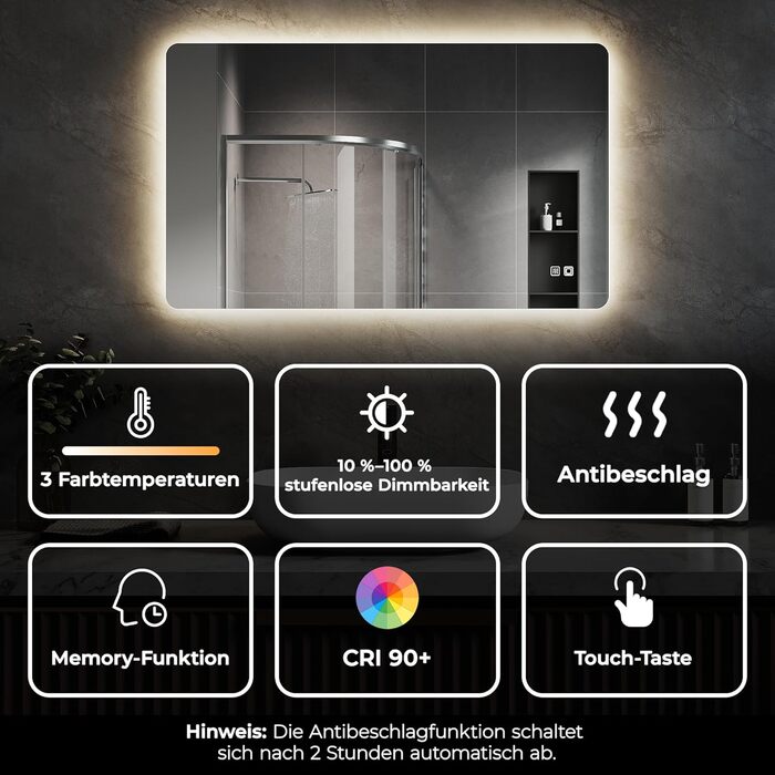 Дзеркало для ванної кімнати зі підсвічуванням SVNR, 70 x 50 см, LED, бездоганне покриття, сенсорне керування, регулювання кольору 3000K-6400K, з синім підсвічуванням