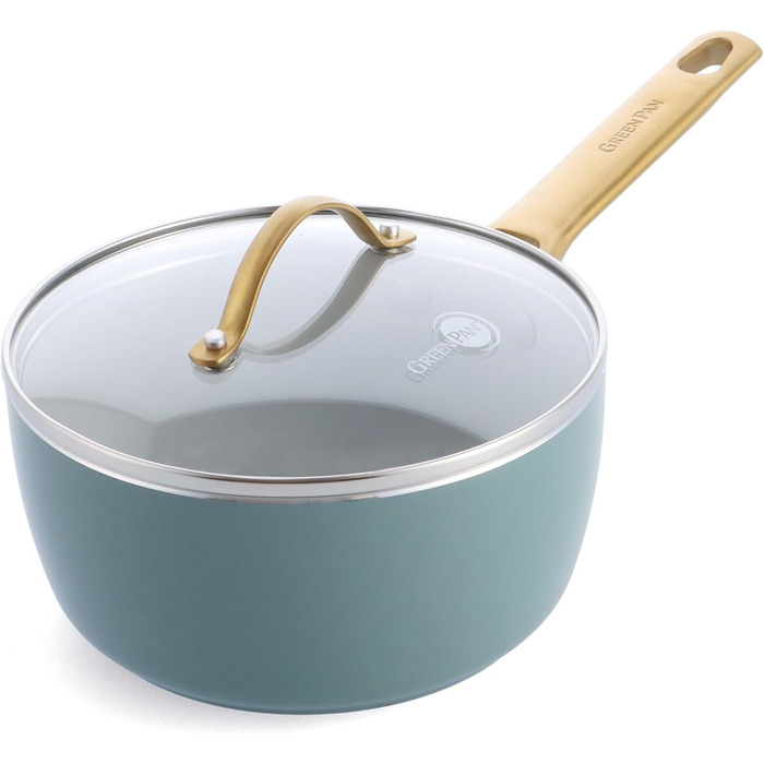 Каструля GreenPan Padova Reserve з нержавіючої сталі з антипригарним покриттям Hartelox, 18 см, 2 л, з кришкою з термостійкого скла, без PFAS, для індукційних плит, з золотим ручками, придатна для миття в посудомийній машині та випікання, колір Димчастий 