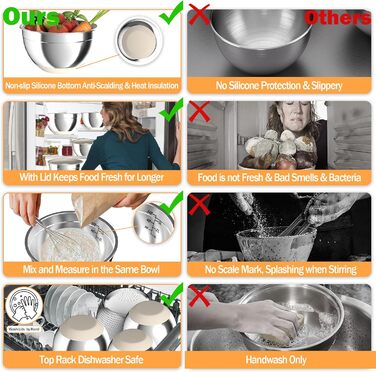 Набір міксерів з кришками, нержавіюча сталь, 3 шт., сито та тертка, антиковзаюча основа, об'єм 1.5, 2.5, 5 л, для змішування та подачі, кольор хакі
