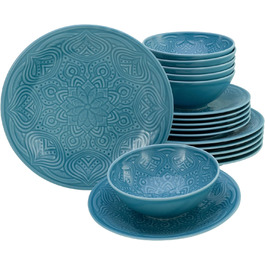 Набір посуду серії Orient Mandala 18шт, набір порцелянових тарілок (набір тарілок 18шт, аквамарин), 21627