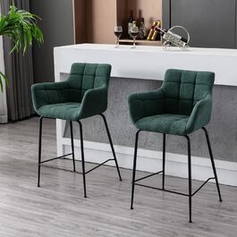 Набір з 2 барних стільців, сучасний дизайн, металеві ніжки, м'яке сидіння з фroté, вигнута спинка, для кухні, кафе, бістро, їдальні, зелений