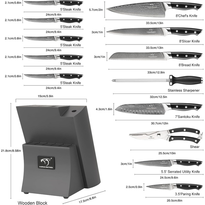Набір кухонних ножів Дамаск з дерев'яним блоком, професійний кухонний набір ножів VG10, 67 шарів, преміум якість (сірий)