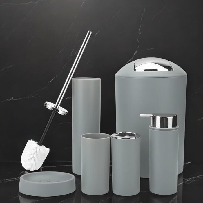 Набір аксесуарів для ванної кімнати 6tlg Badset: мильниця, стакан для зубних щіток, відро для косметики, щітка для унітазу та тримач, мильниця, сміттєвий бак, тримач для зубних щіток (Сірий, дизайн 2a)
