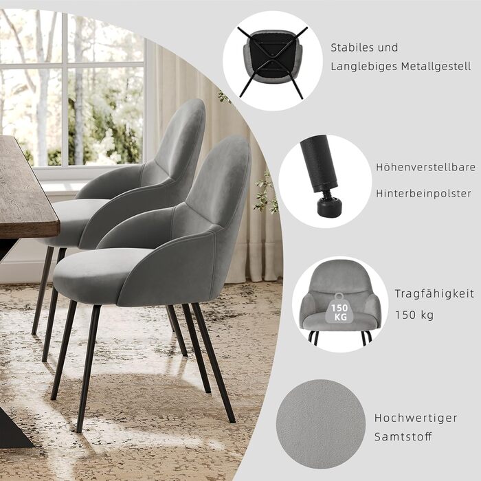 Набір обідніх стільців з підлокітниками - 6 шт. Ергономічні м'які стільці з металевим каркасом та льоновим покриттям, для кухні, вітальні, обідньої кімнати, бежеві