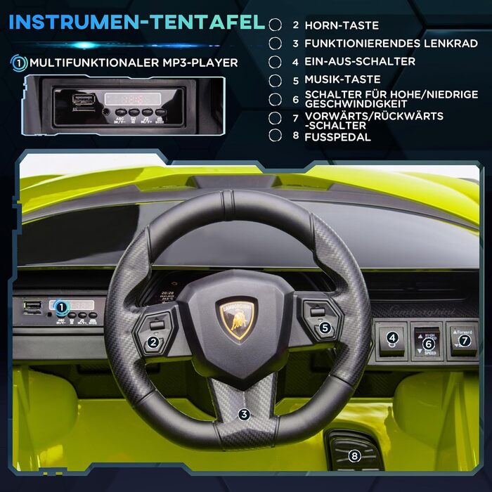 Електромобіль для дітей Lamborghini SIAN 12V, з пультом, музика, світло, металевий, зелений, 108x62x40 см, 37-60 місяців, HOMCOM
