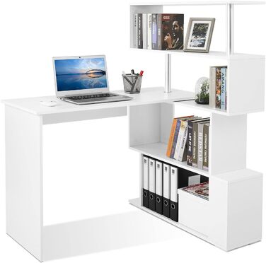 Г-подібний комп'ютерний стіл з книжковою полицею, 157x45x130.5 см, білий