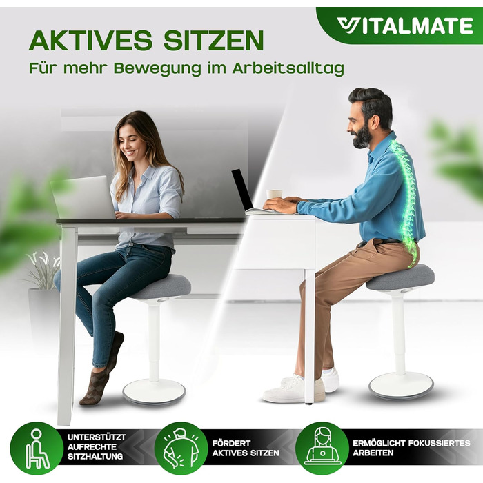 Офісний стілець VITALMATE з регулюванням висоти та неслизьким покриттям. Стільчик-гойдалка, стоячий стілець для офісу та дому (білий)