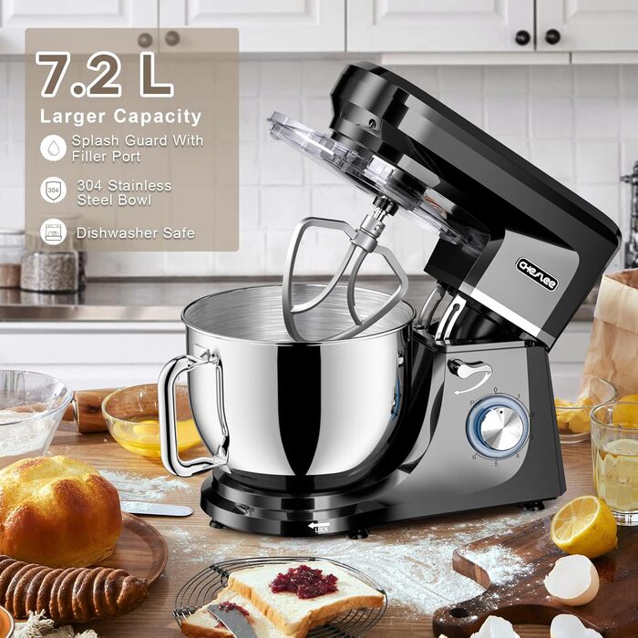 Кухонна машина Cheflee 2000W: потужна планетарна міксер для тіста та збивання, 6 швидкостей, 7.2 л чаша з нержавіючої сталі, гак та вінчик, захист від бризок, чорний