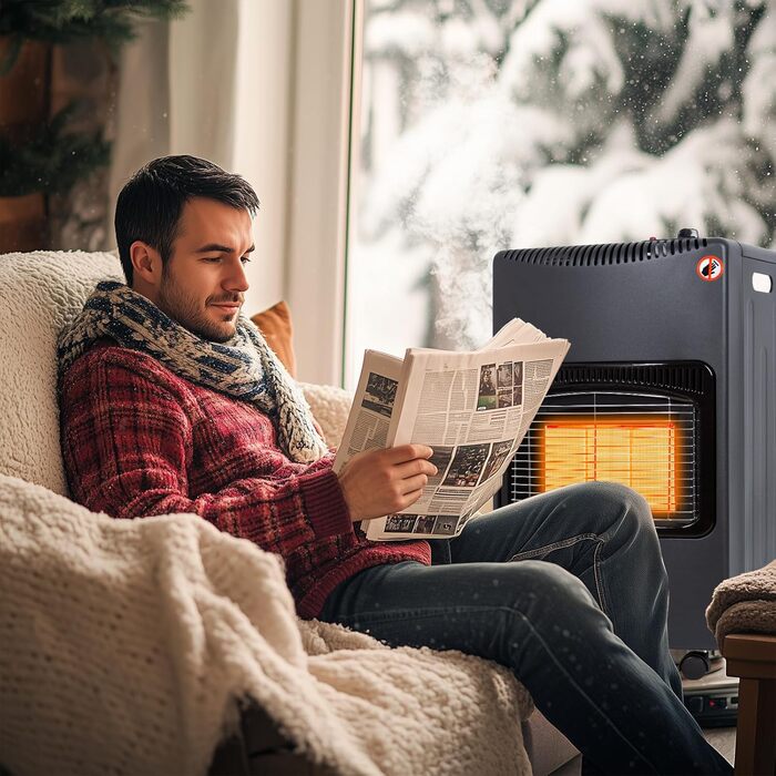 Газовий обігрівач Todeco 4200W з керамічним нагрівачем, чорний колір, 3 режими нагріву, з регулятором тиску, шлангом, для балконів та добре провітрюваних приміщень