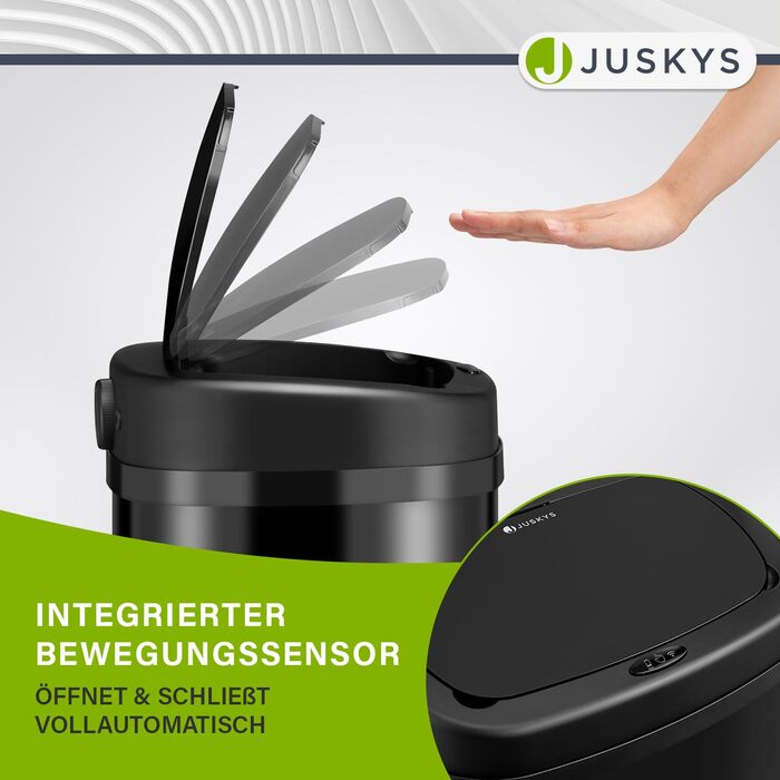 Сміттєвий бак Juskys для кухні з датчиком руху, 60 л, чорний, з кришкою-затискачем для пакетів, нержавіюча сталь, безконтактне відкривання
