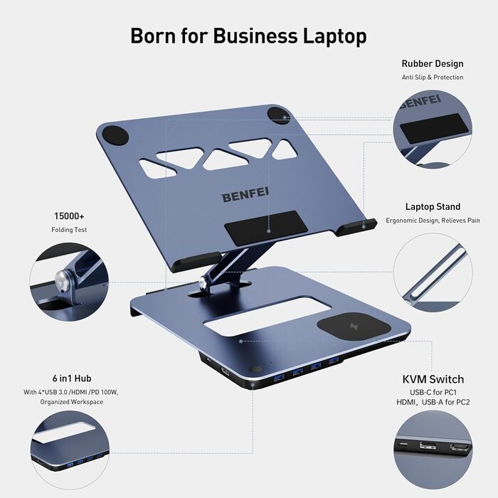 Підставка для ноутбука BENFEI з алюмінію з USB-C док-станцією 6в1, 15W Mag-Safe зарядкою, USB 3.0 KVM Switch, HDMI 4K@60Hz, 4*USB3.0, 100W PD для MacBook Pro/Air iPad Pro XPS Thinkpad