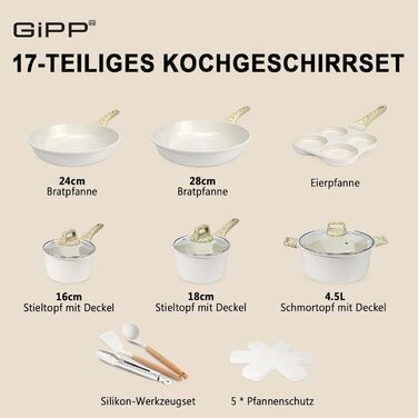 Набір кухонного посуду GiPP з керамічним покриттям, антипригарний, придатний для миття в посудомийній машині, без PFAS, білий, 17 предметів
