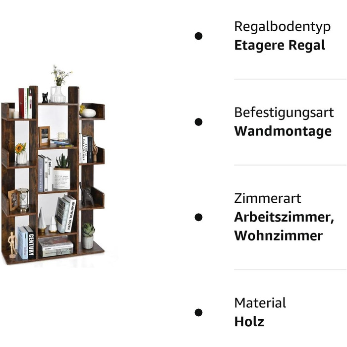 Книжкова шафа COSTWAY у формі дерева, полиця для документів з 13 полицями, кутова полиця стояча, окремо стояча офісна полиця, настінна полиця Декоративна полиця для презентацій та книг, перегородка для вітальні та офісу, вінтажний коричневий