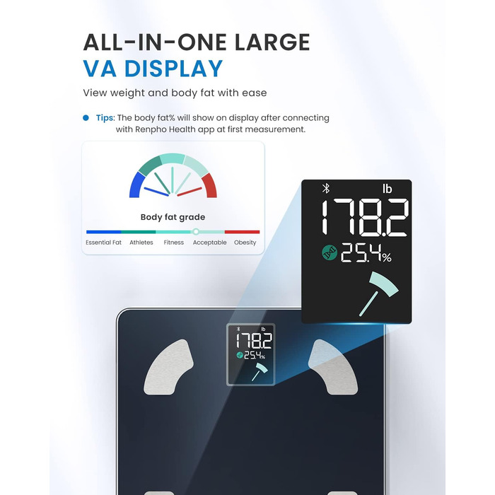 Цифрові ваги для ванної кімнати Bluetooth Ваги складу тіла з додатком, великий дисплей VA, аналізатор тіла з 13 показаннями та додаток для фітнесу, Elis 1 чорний 285 мм/11,2 дюйма
