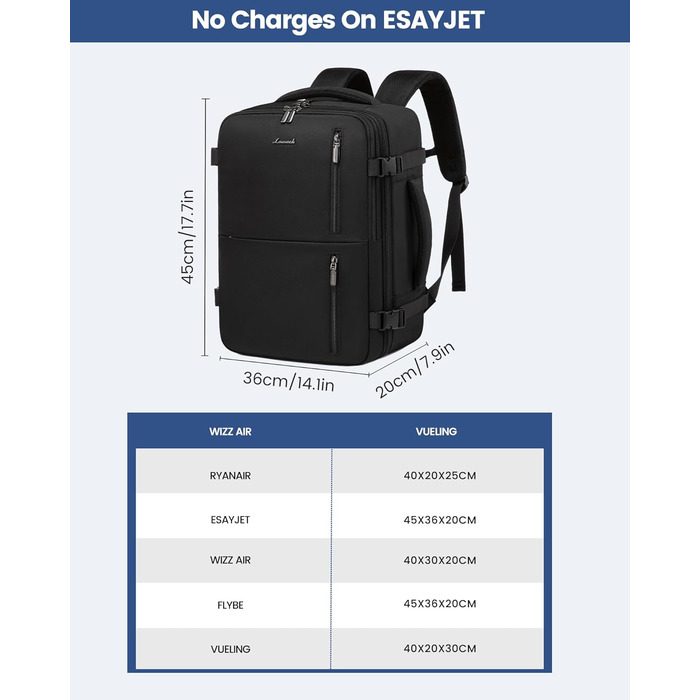 Рюкзак LOVEVOOK для ручної поклажі 40x30x20, 45x36x20, 24л, для ноутбука 14/15.6 дюймів, з USB, чорний, для подорожей та роботи