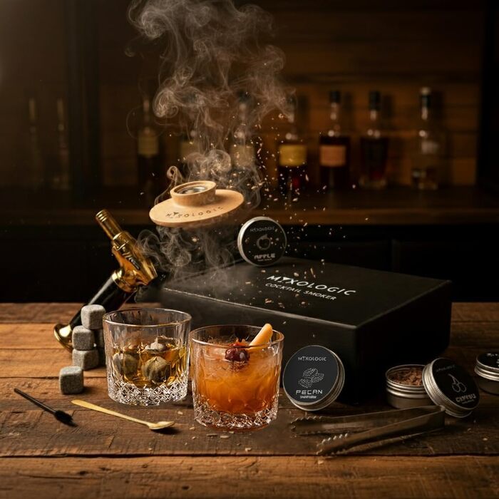 Комплект для копчення коктейлів MIXOLOGIC: набір для віскі, 6 дерев'яних чіпсів, камені для віскі та аксесуари для Old Fashioned
