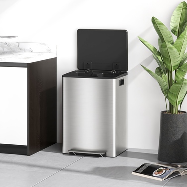 Відро для сміття з двома відсіками по 30 літрів, м'яке закриття кришки, стійке до відбитків пальців, нержавіюча сталь, сріблястого кольору