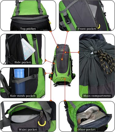 Похідний рюкзак Doshwin об'ємом 70 л, похідний рюкзак, дорожній рюкзак, похідний рюкзак, великий рюкзак для жінок і чоловіків (зелений)